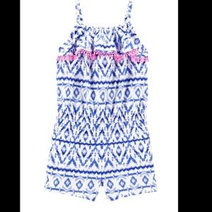 Blue & White Ikat Romper with Pink Lace Ruffle